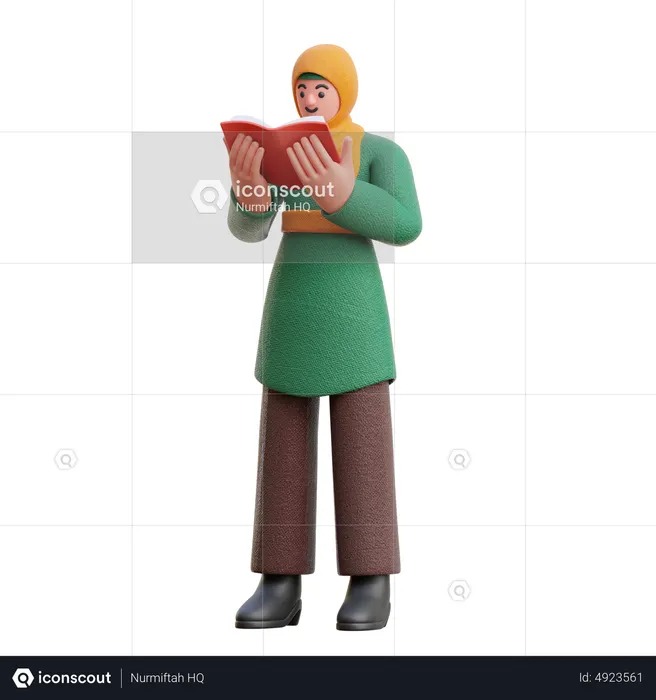 Female Hijab Reading A Book Seriously While Standing  3D Illustration