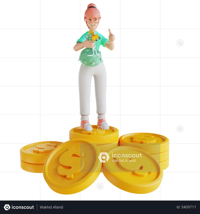 Female investor holding money bag  3D Illustration