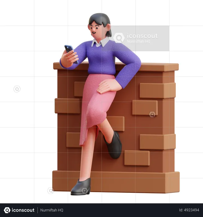 Female Look At Smartphone Leaning On The Wall  3D Illustration
