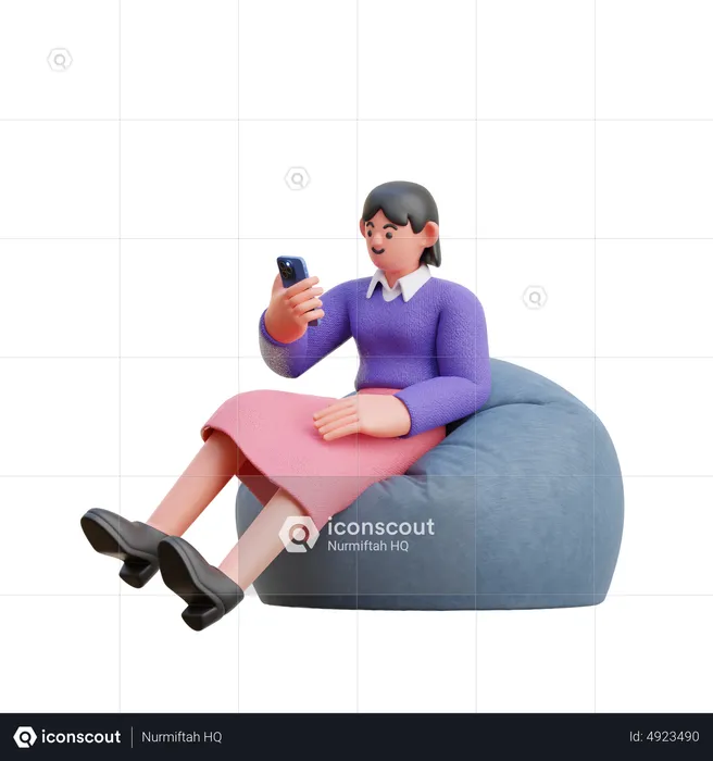 Female Look At Smartphone Sitting On Bean Bag  3D Illustration