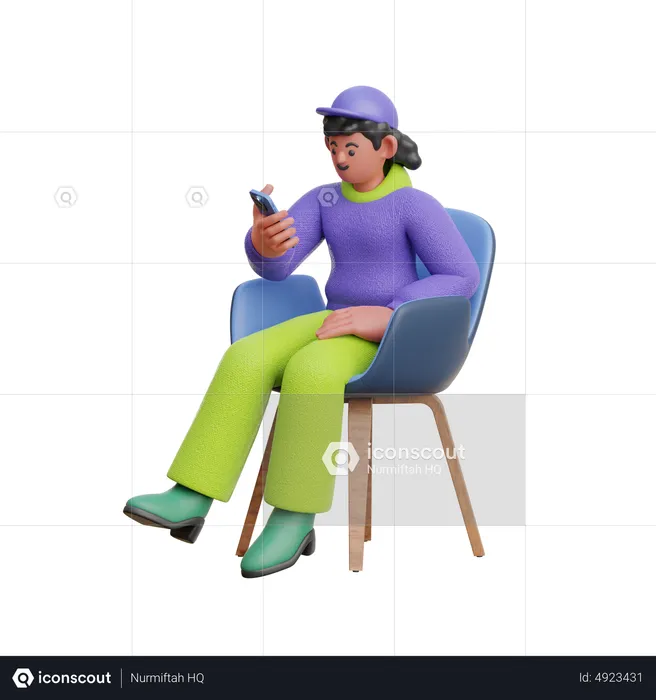 Female Look At Smartphone Sitting On Chair  3D Illustration