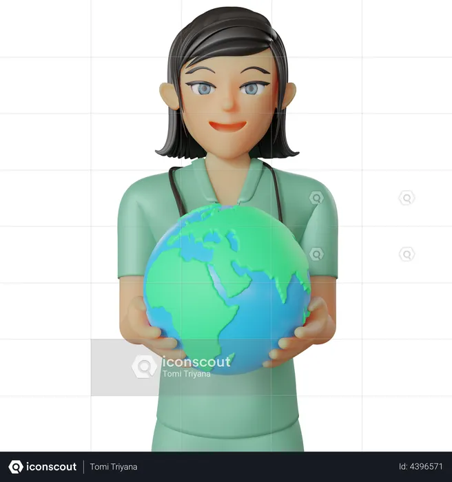 Female nurse holding earth globe  3D Illustration
