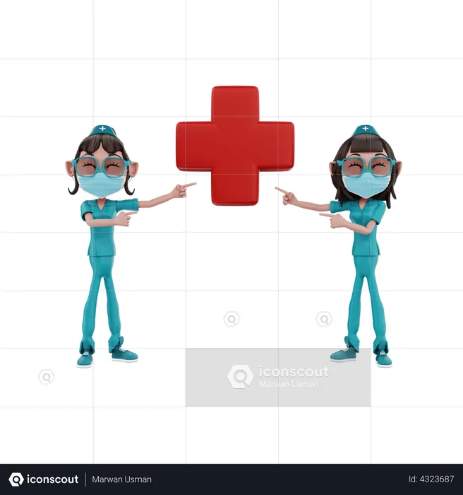 Female Nurses pointing hospital sign  3D Illustration