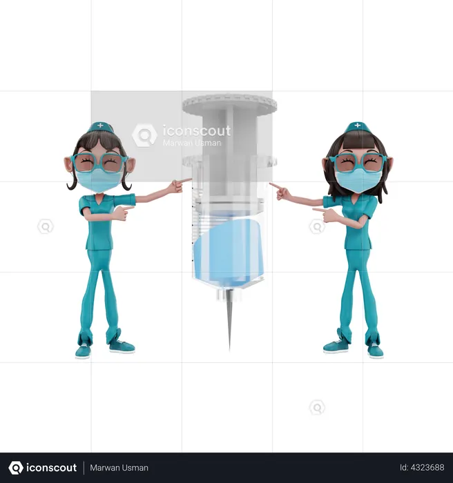 Female Nurses pointing injection  3D Illustration
