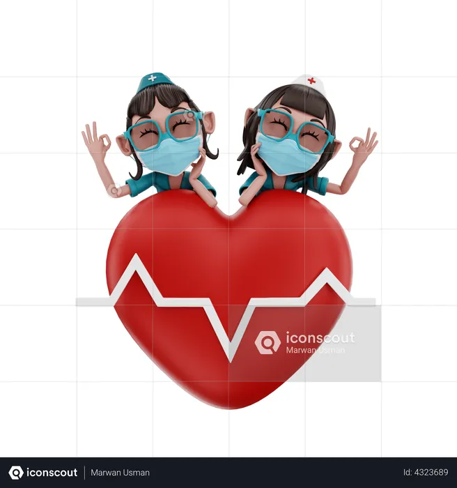 Female Nurses standing with heart sign  3D Illustration