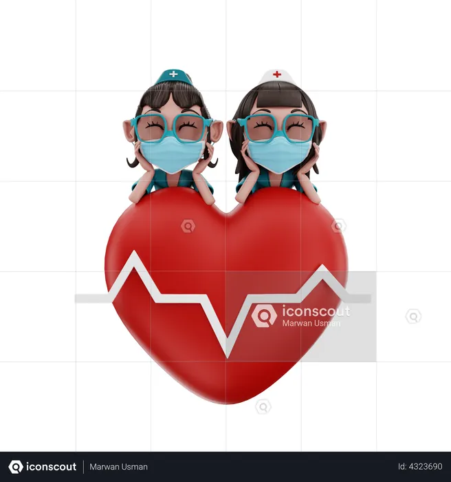 Female Nurses with heart  3D Illustration