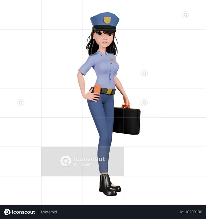 スーツケースを運ぶ女性警察官  3D Illustration