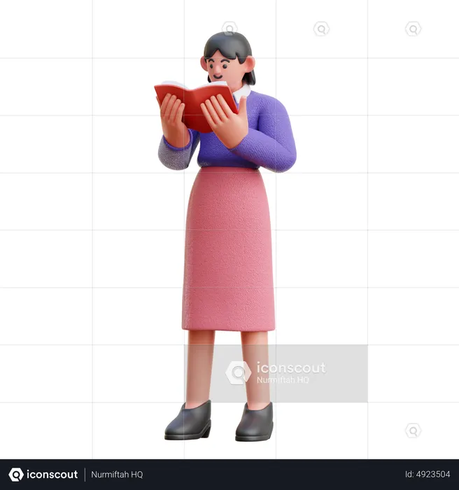 Female Reading A Book Seriously While Standing  3D Illustration