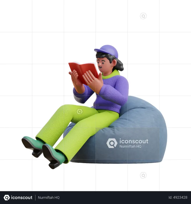 Female Reading A Book While Sitting On Bean Bag  3D Illustration