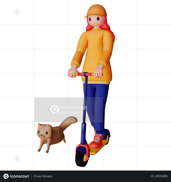 Female riding scooter with cat 3D Illustration