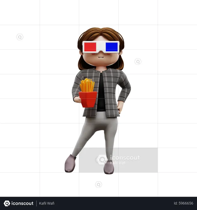 Female standing and holding french fries box  3D Illustration