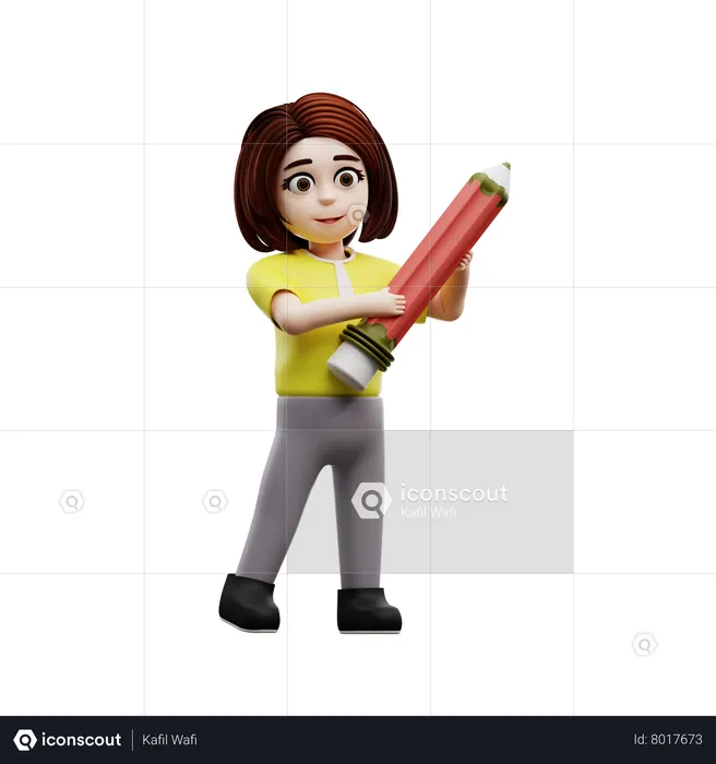 Female student holding pencil  3D Illustration