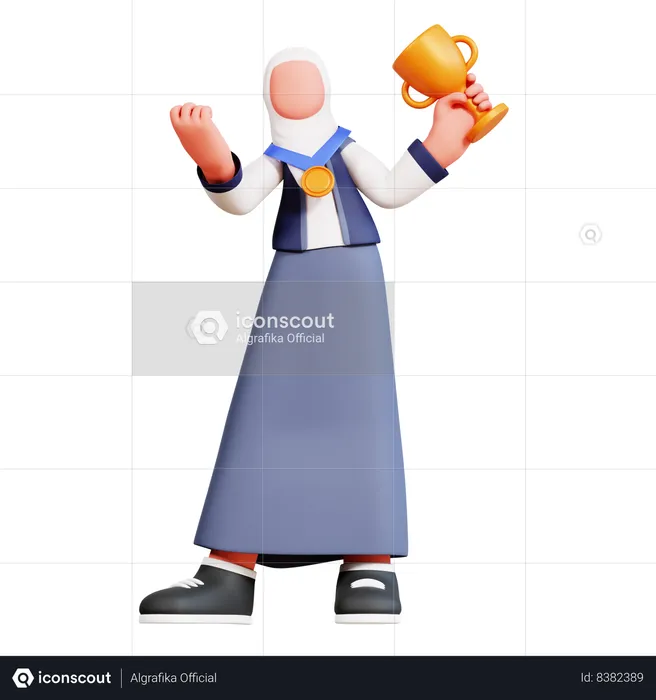 Female Student Holding Trophy Cup  3D Illustration