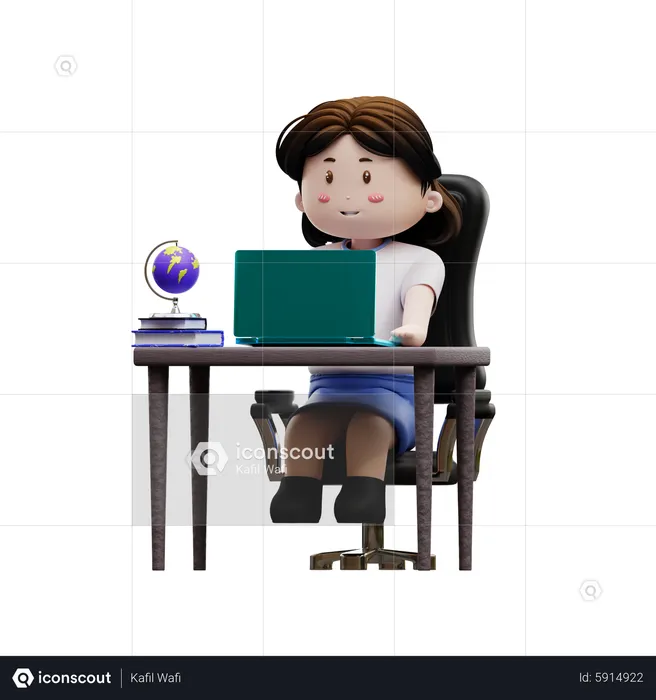 Female student playing laptop  3D Illustration