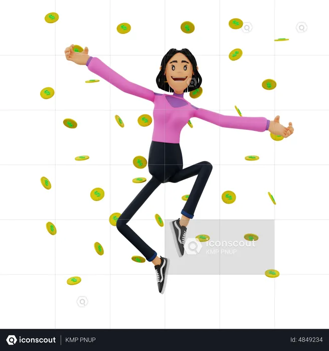 Female Successful Investor jumping in air  3D Illustration