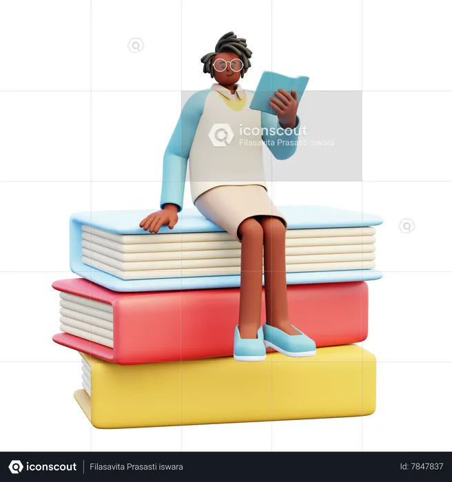 Female Teacher Sitting On Books  3D Illustration