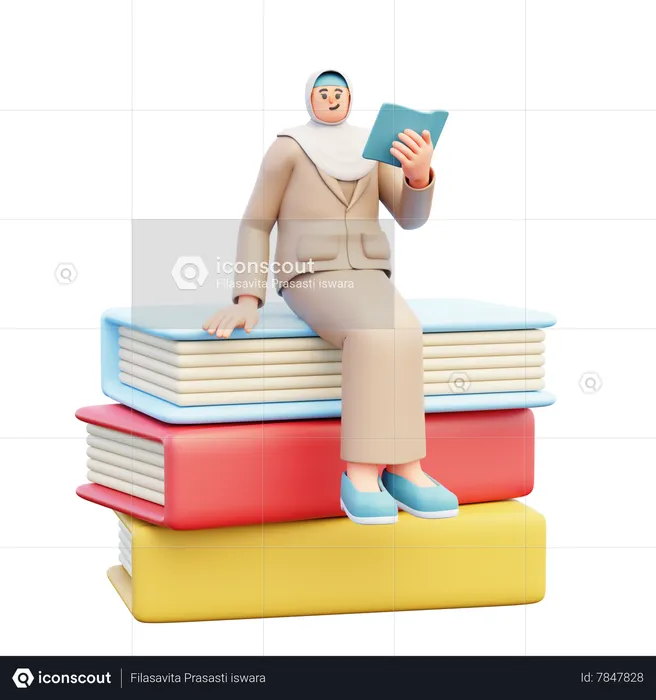 Female Teacher Sitting On Books  3D Illustration