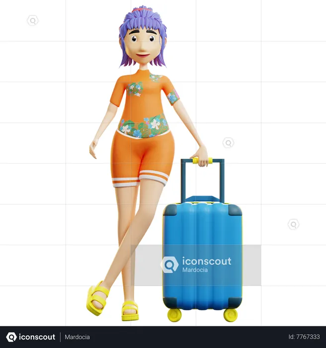 Female tourist holding luggage  3D Illustration