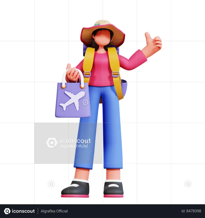 Female Tourist Is Carrying Shopping Bag In Airplane  3D Illustration