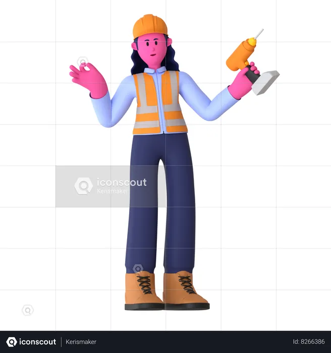 Female Worker Holding Drill Machine  3D Illustration