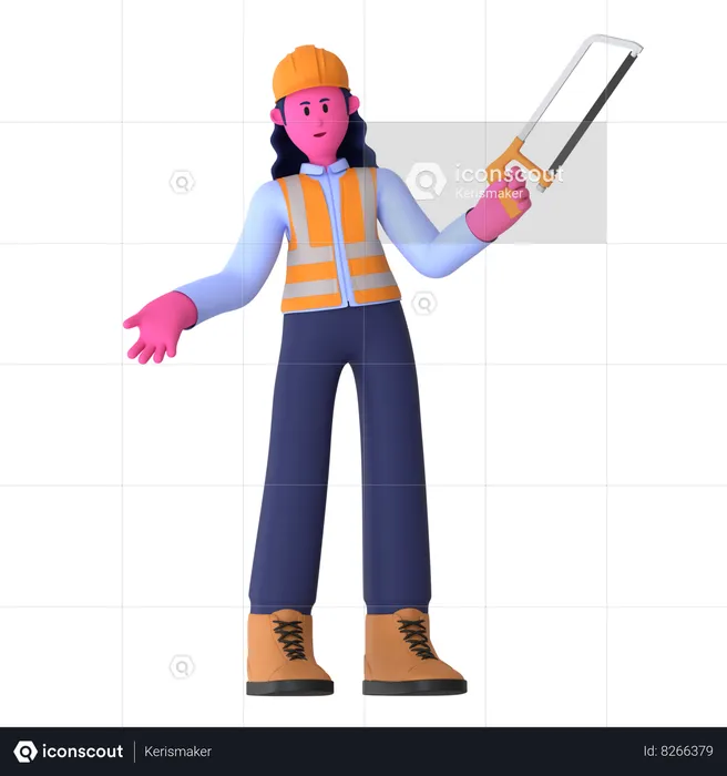 Female Worker Holding Hacksaw  3D Illustration