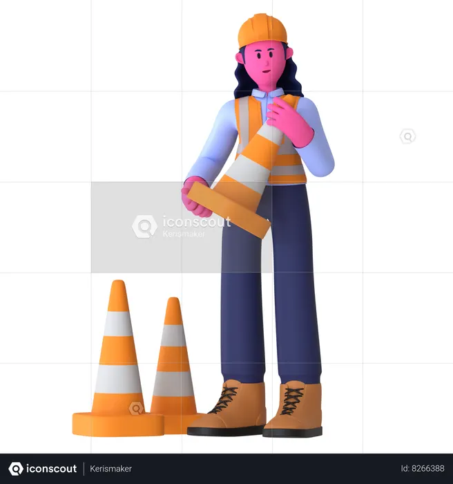 Female Worker Holding Traffic Cone  3D Icon