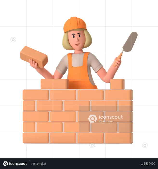 Female Worker Making Brick Wall  3D Illustration