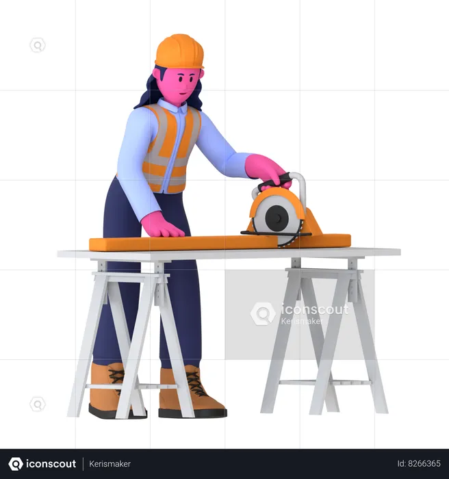 Female Worker Using Circular Saw  3D Illustration