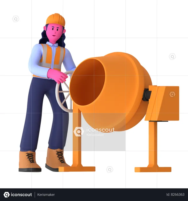 Female Worker With Concrete Mixer  3D Icon