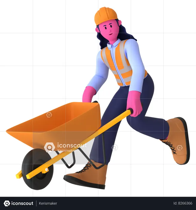 Female Worker With Wheelbarrow  3D Icon