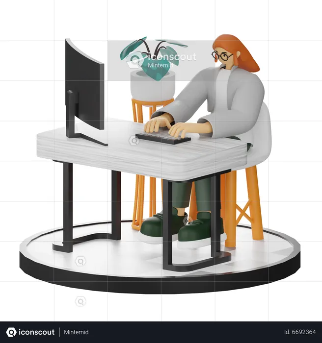 Female worker Working On Computer  3D Illustration