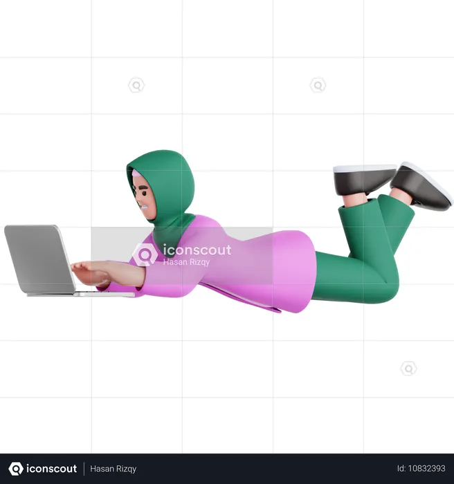 Femme allongée et utilisant un ordinateur portable  3D Illustration