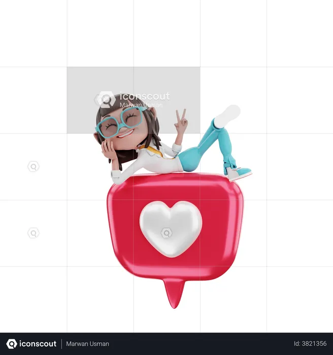 Femme allongée sur une notification d'amour  3D Illustration