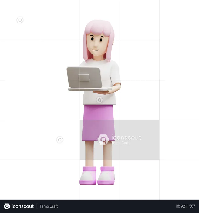 Femme apporte un ordinateur portable  3D Illustration