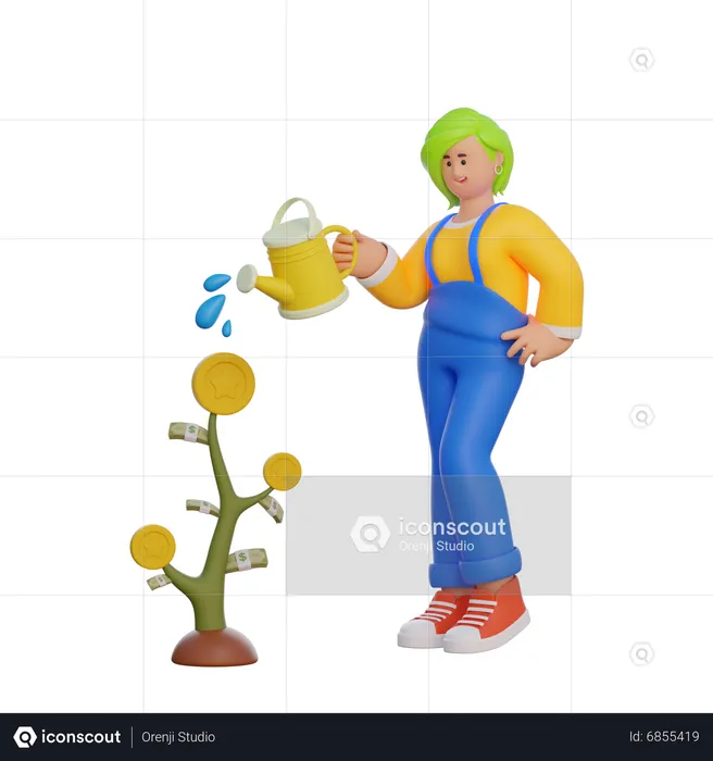 Femme arrosant des plantes d'investissement  3D Illustration