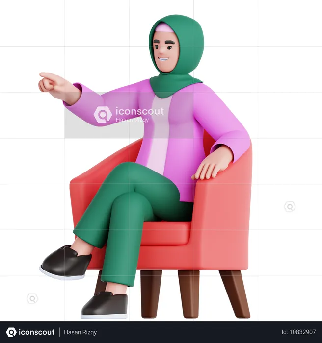 Femme assise sur un canapé et pointant du doigt  3D Illustration