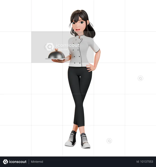 Femme chef debout avec assiette de nourriture  3D Illustration