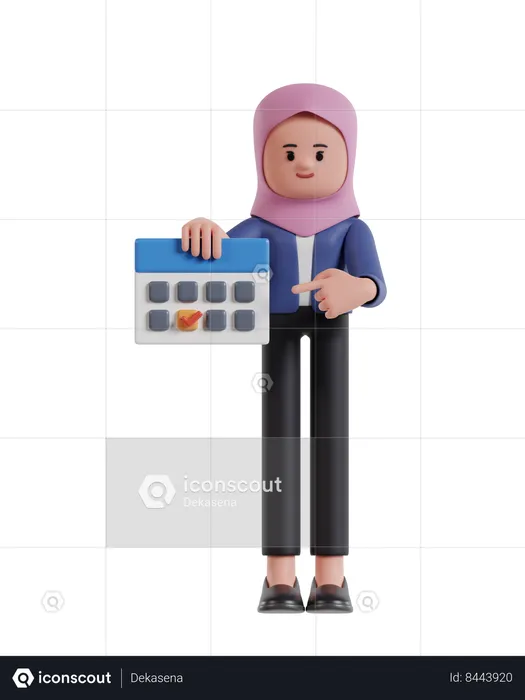 Femme d'affaires avec hijab pointant vers la date limite sur le calendrier  3D Illustration