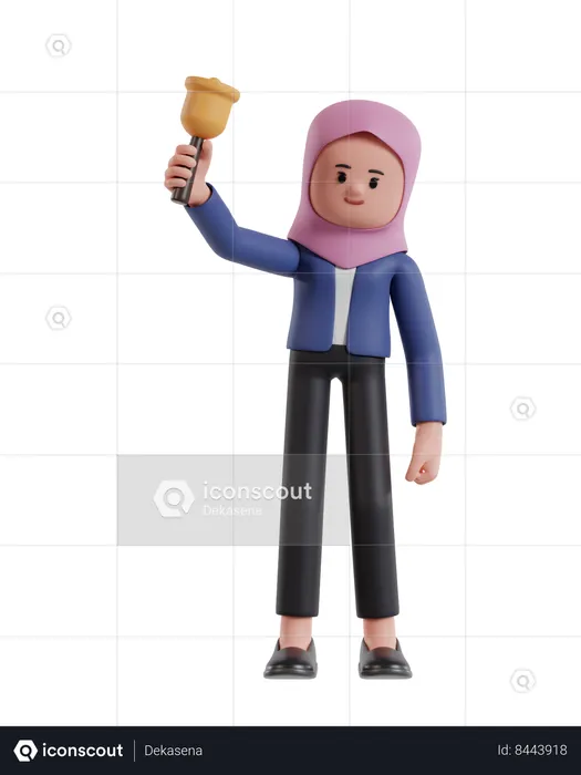 Femme d'affaires avec hijab tenant la cloche pour rappeler  3D Illustration