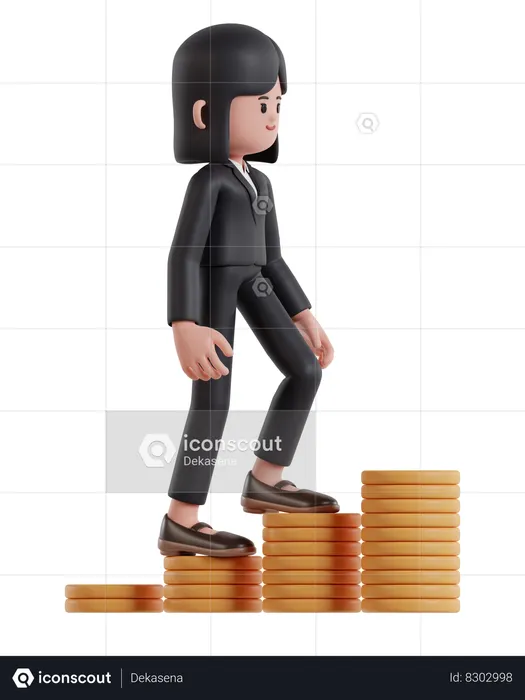 Femme d'affaires grimpant sur le tableau des pièces d'un dollar  3D Illustration
