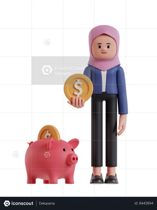 Une femme d'affaires portant le hijab détenant des pièces économise dans une tirelire  3D Illustration