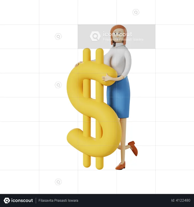 Femme d'affaires détenant un gros logo dollar  3D Illustration