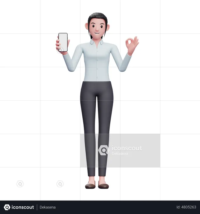Femme d'affaires tenant un smartphone et montrant le doigt ok  3D Illustration