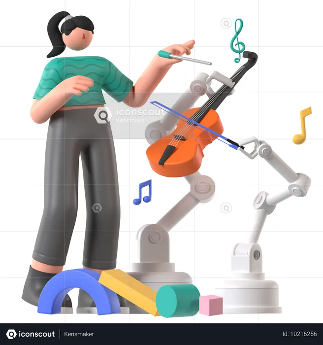 Une femme fait de la musique avec l'aide d'un robot  3D Illustration