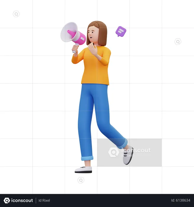 Femme faisant du marketing par mégaphone  3D Illustration
