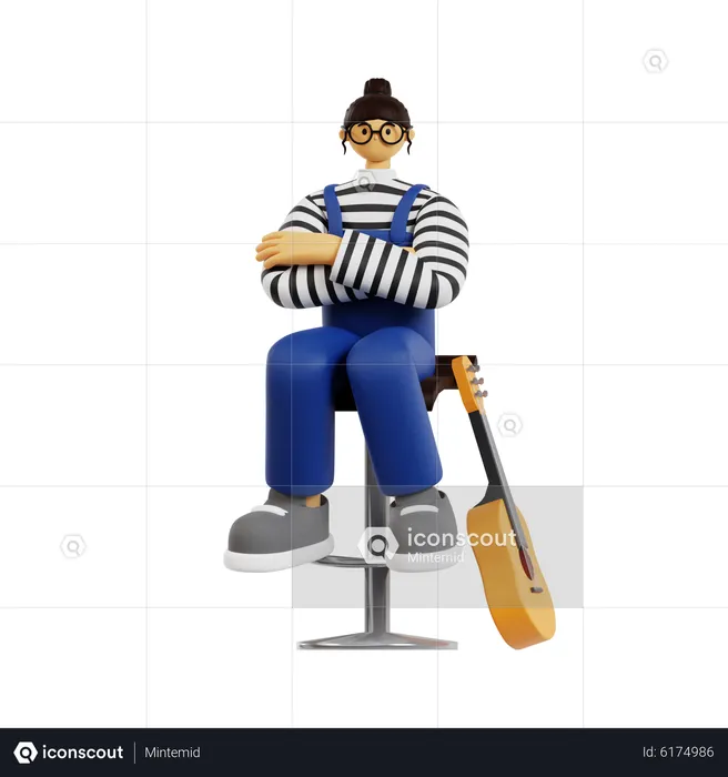 Guitariste féminine assise avec les bras croisés  3D Illustration