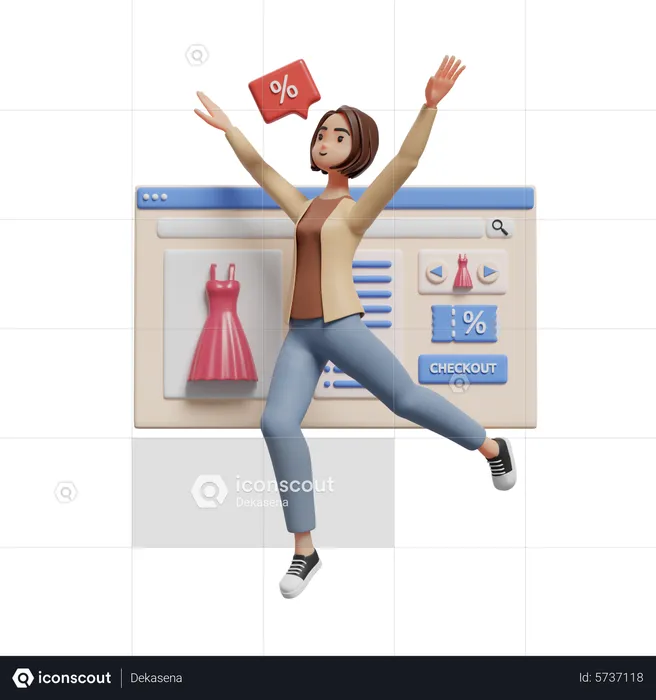 Happy Woman célébrant une réduction lors de ses achats sur le site Web  3D Illustration