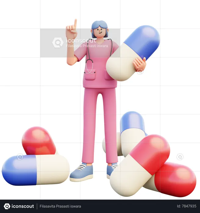Femme médecin avec de grosses pilules  3D Illustration