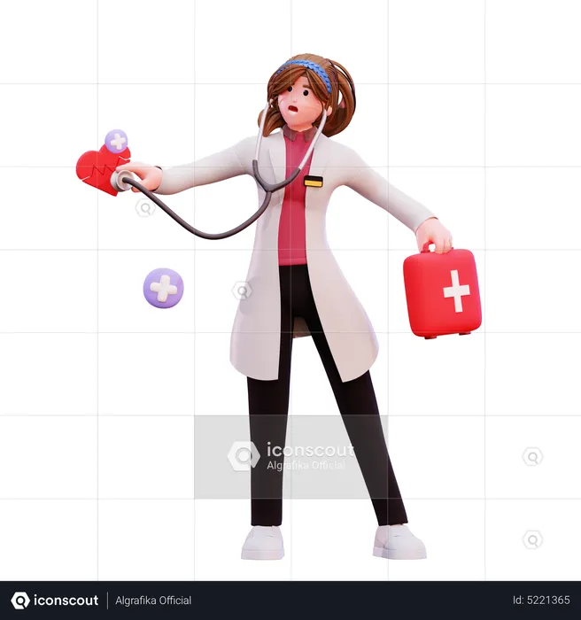 Une femme médecin examine le cœur à l'aide d'un stéthoscope  3D Illustration