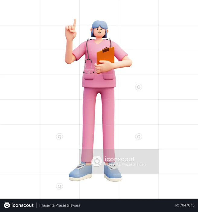 Femme médecin pointant vers le haut tout en tenant un rapport médical  3D Illustration